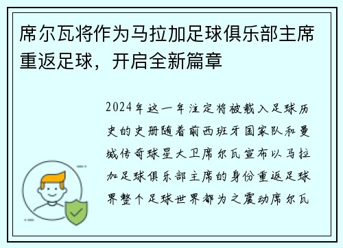 席尔瓦将作为马拉加足球俱乐部主席重返足球，开启全新篇章
