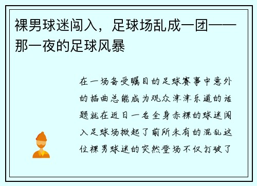 裸男球迷闯入，足球场乱成一团——那一夜的足球风暴